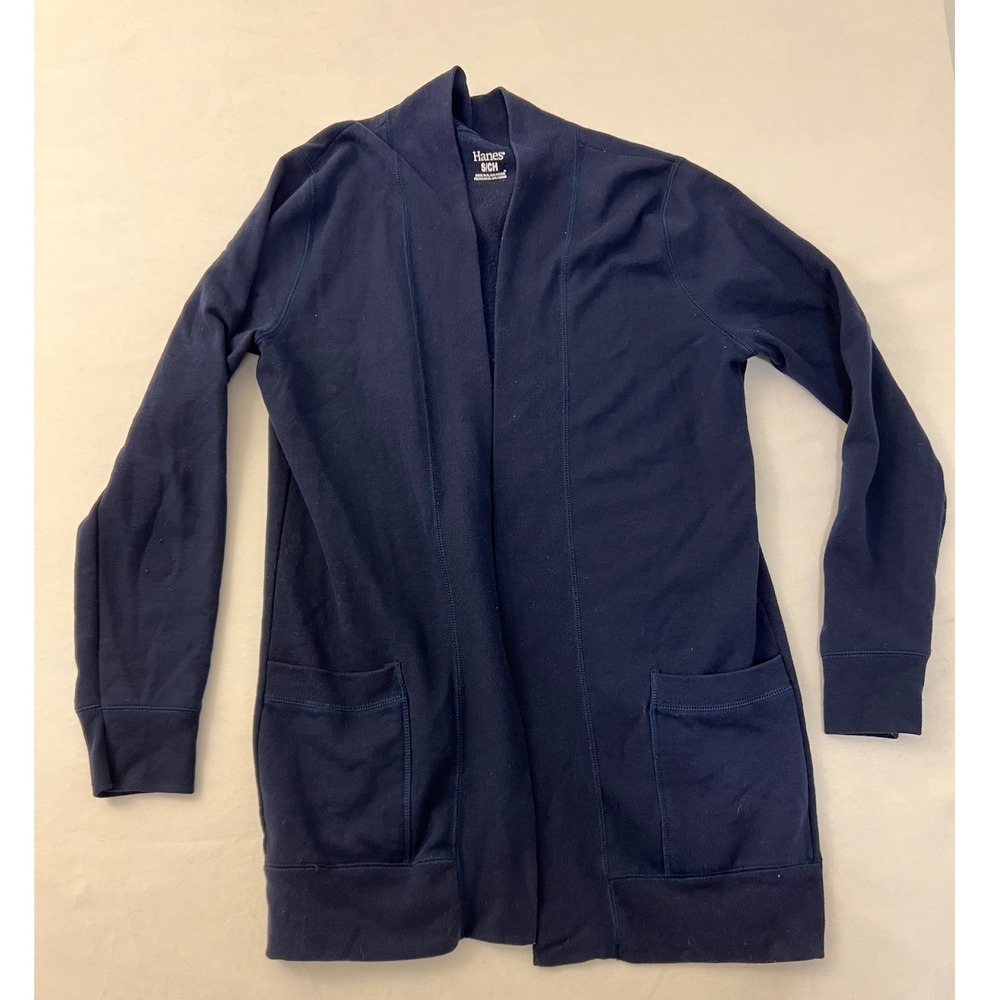 Hanes Womens Navy Blue Open Front Fleece Cardigan Shawl Collar Pockets Small